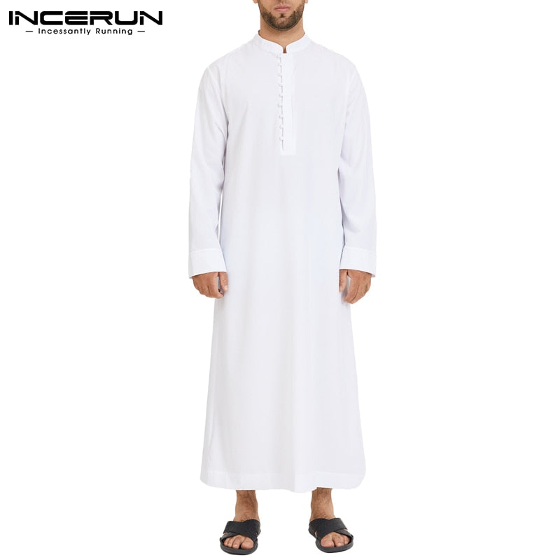 Hombres musulmanes Jubba Thobe manga larga Color sólido transpirable túnicas 2022 Stand Collar islámico árabe Kaftan hombres Abaya S-5XL INCERUN