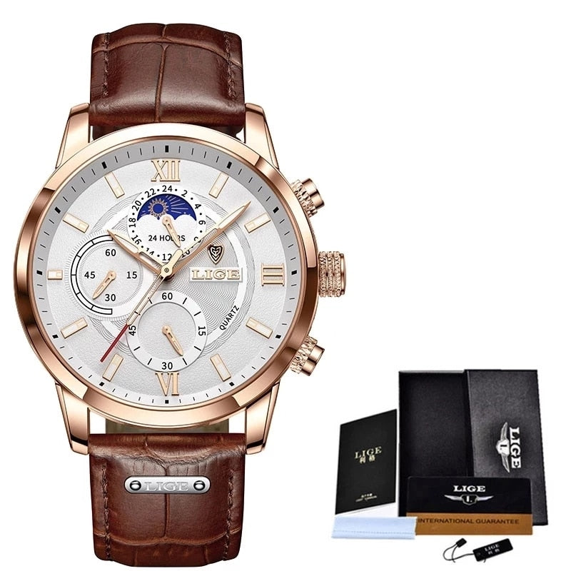 2022 LIGE Watches Mens Top Brand Luxury Clock Casual Leathe 24Hour Moon Phase Men Watch Sport Waterproof Quartz Chronograph+Box