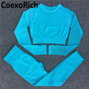 Yoga Set Women Fitness Gym Clothing Sport Suit Seamless Hollow Out Long Sleeve Crop Top High Waist Workout Leggings Sportwear