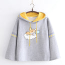 Winter Women Grey Hoodies Japanese Harajuku Cute Warm Fleece Teen Girl Hooded Sweatshirt Kawaii Anime Dog Graphic Black Pullover