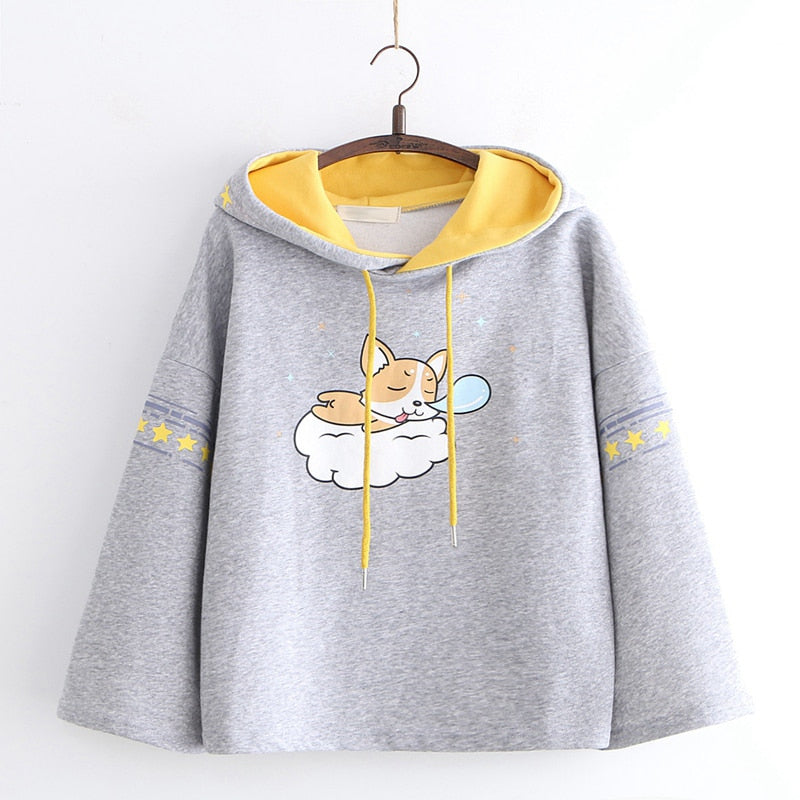 Winter Women Grey Hoodies Japanese Harajuku Cute Warm Fleece Teen Girl Hooded Sweatshirt Kawaii Anime Dog Graphic Black Pullover