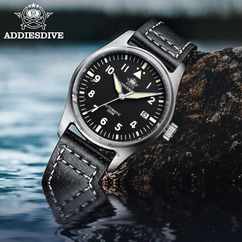 Diver Mechanical Dive Watch For Men Leather Sapphire Crystal Business Men&