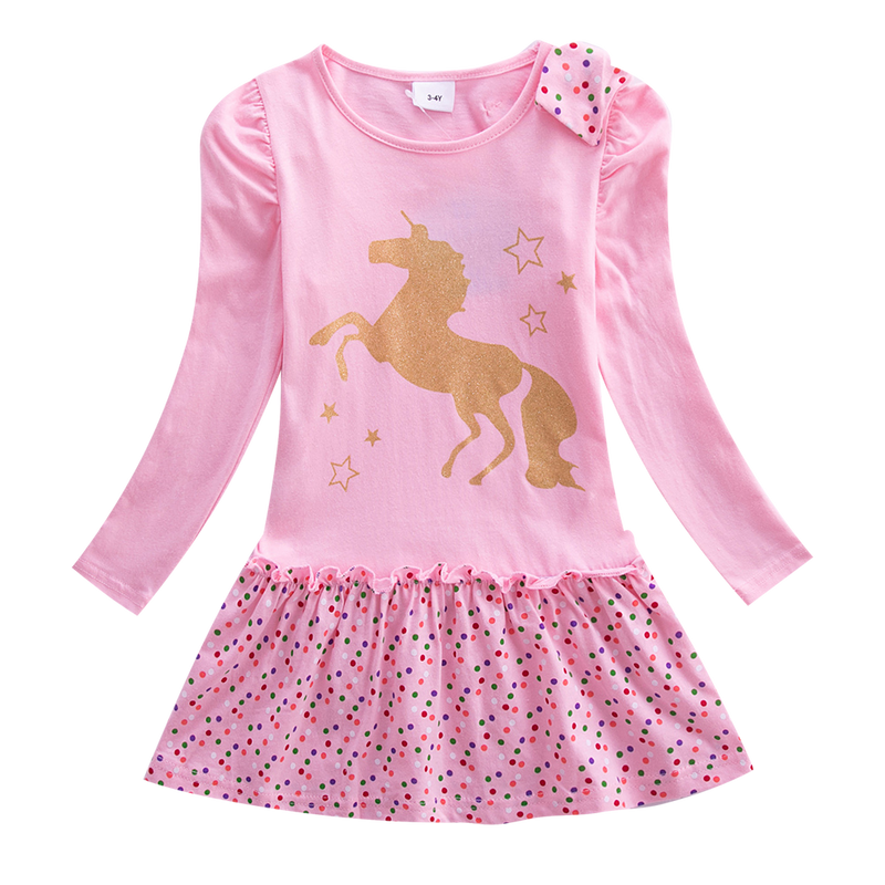 Girls Long Sleeve Star Embroidered Dress Girls Autumn New Style Two Pocket Rainbow Striped Sleeve Cotton Dress LH5809