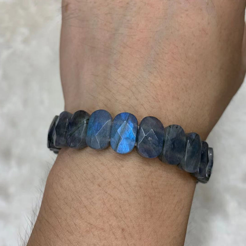 A+++ blauer Regenbogen Labradorit Stein Perlen Armband Naturstein Armreif mit Katzenauge für Damen Herren Armband