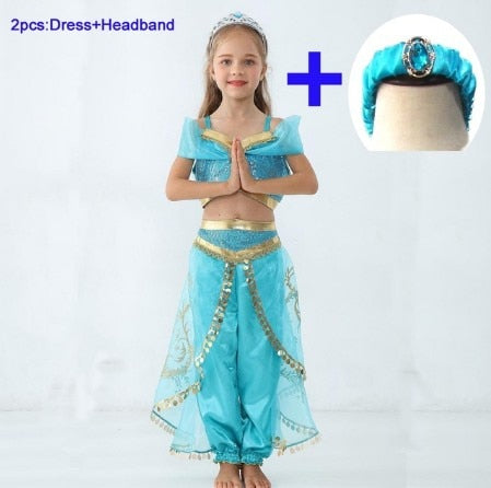 Movie Girls Kid Summer Jasmine Princess Dance Dress Children Aladdin Halloween Party Performance Costume Top Skirt Pant Set