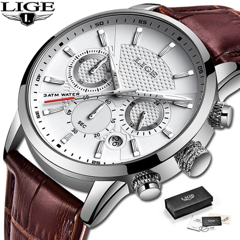 2022 New Mens Watches LIGE Top Brand Leather Chronograph Waterproof Sport Automatic Date Quartz Watch For Men Relogio Masculino