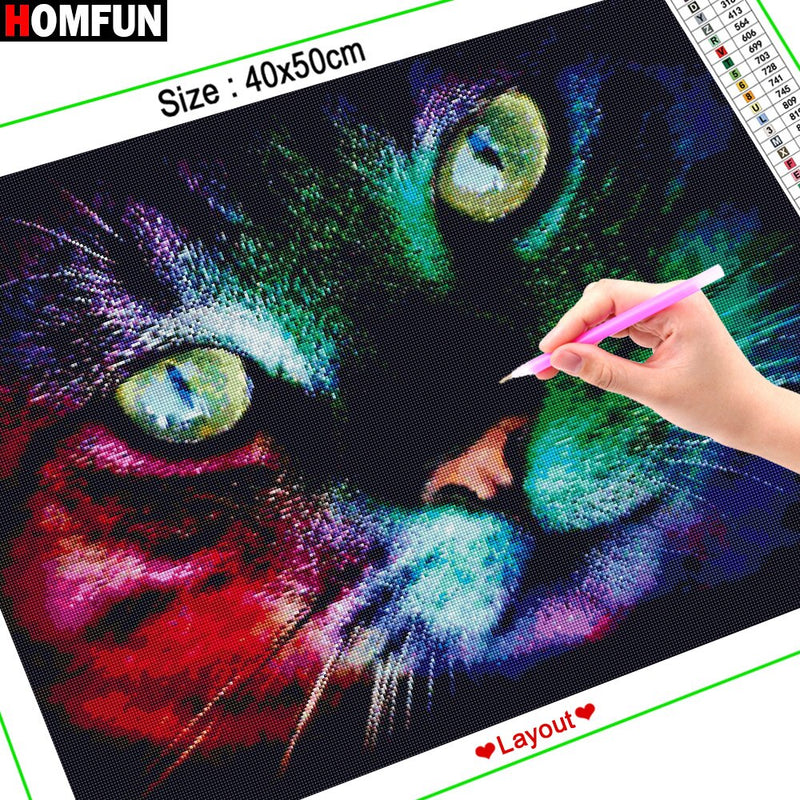 HOMFUN 5D Diamond Painting Full Drill Diamond Embroidery &quot;Color animal cat&quot; Picture Of Rhinestone Handmade Home Decor A27298