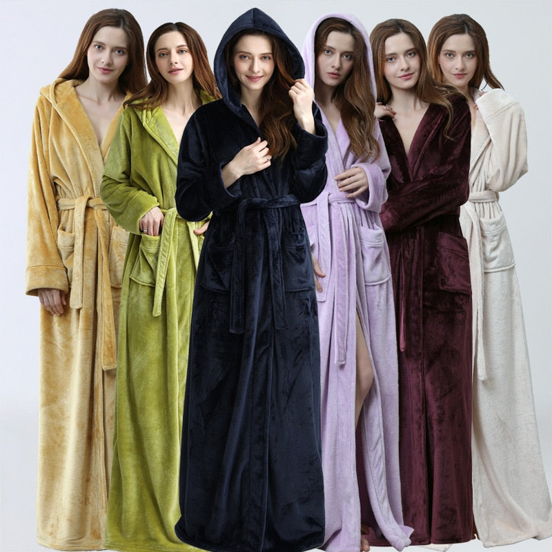 Women Men Winter Plus Size Flannel Robe Extra Long Hooded Warm Bathrobe Lovers Thick Kimono Bath Robe Male Dressing Gown Robes