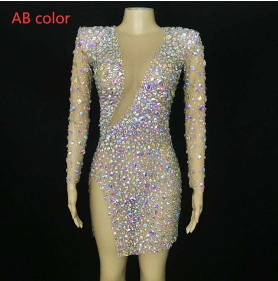 Sparkly Colorful Rhinestones Transparent Dress Prom Evening Sexy See Through Multicolor Crystals Costume Birthday Fether Sleeves