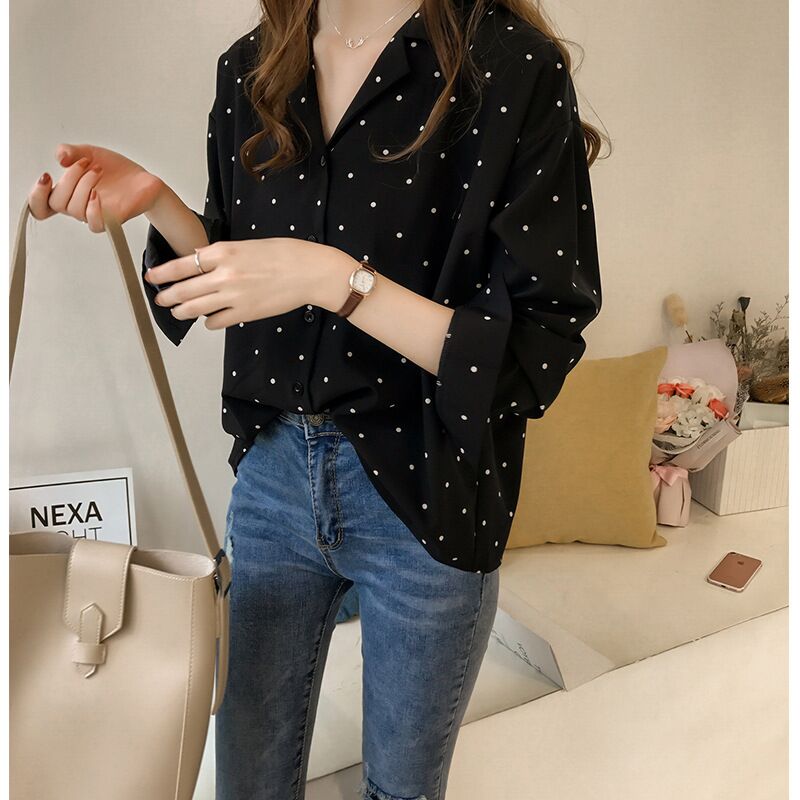 Muiches, blusa informal de manga larga con estampado de lunares y escote en V profundo para mujer, blusas de gasa para trabajo de oficina con un bolsillo y una botonadura, novedad de 2021