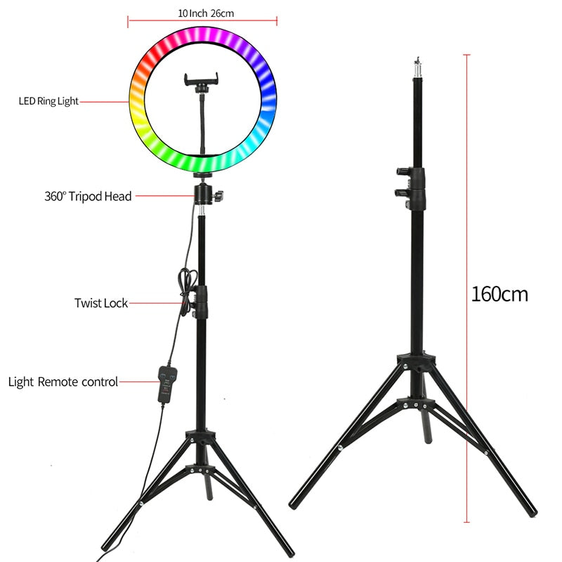 26cm Colorful RGB Ring Light with Stand Phone Tripod Lighting Ring Light with Remote Phone Camera Holder for Tiktok Photo Video