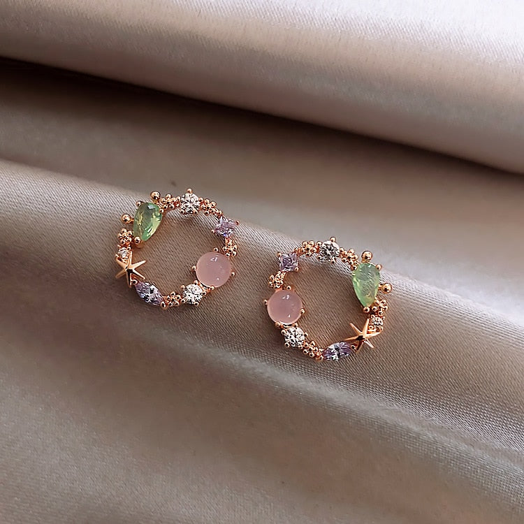 2020 neue Ankunfts-klassische runde rosa grüne Kristallbolzen-Ohrringe für Frauen süße Blume Cirlce Schmuck-Art- und Weisebrincos-Geschenk