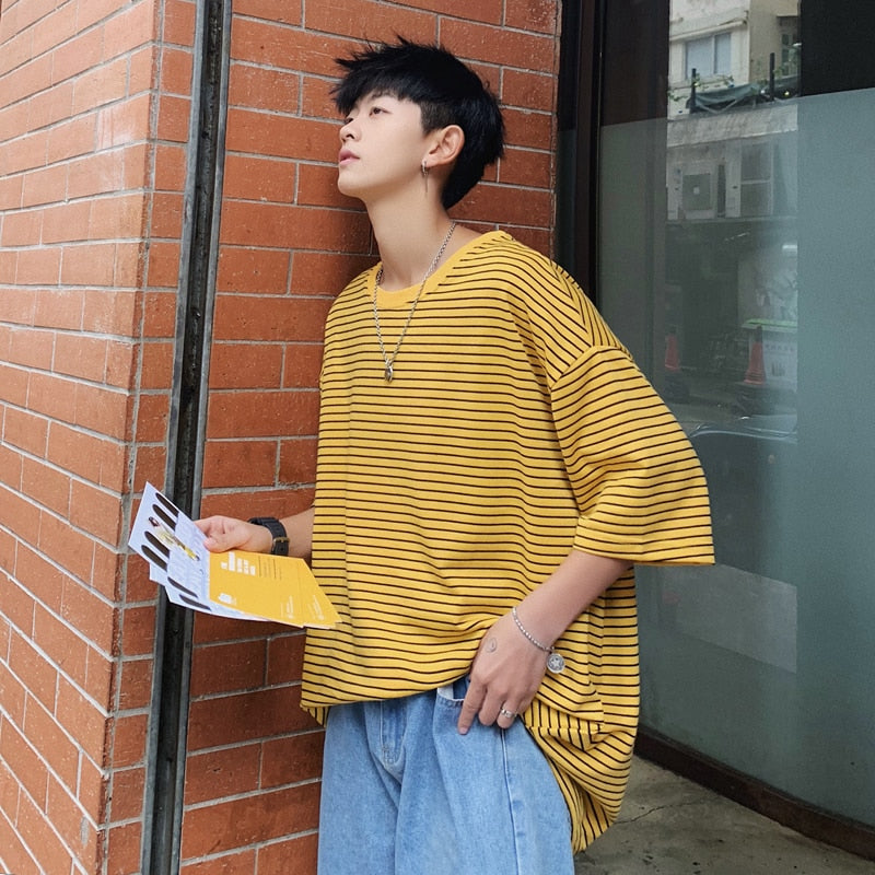 LAPPSTER Men Oversized Striped Tshirts 2022 Harajuku Cotton Tops Mens Colorful Yellow Tshirts Couple Streetwear T-shirts Tees