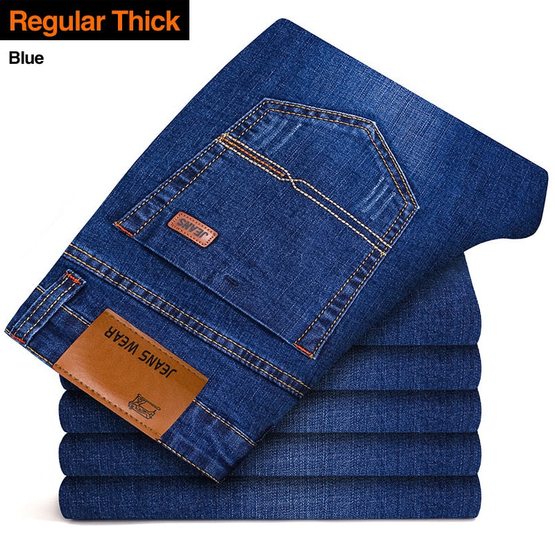 Men's Fashion Business Jeans Classic Style Casual Stretch Slim Jean Pants Male Brand Denim Trousers Black Blue