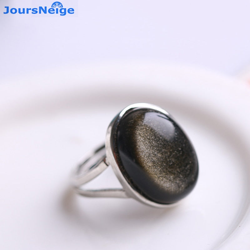 Wholesale Natural Obsidian Ring Gold Eye Stone S925 Sterling Silver Mosaic Ring Simple Men Women Gift Crystal Ring Jewelry