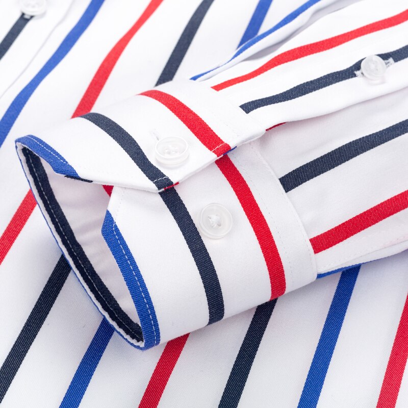 Men's Color Block Striped Wrinkle-Resistant Dress Shirt Long-Sleeve Standard-fit Hidden Button Collar Casual Pure Cotton Shirts