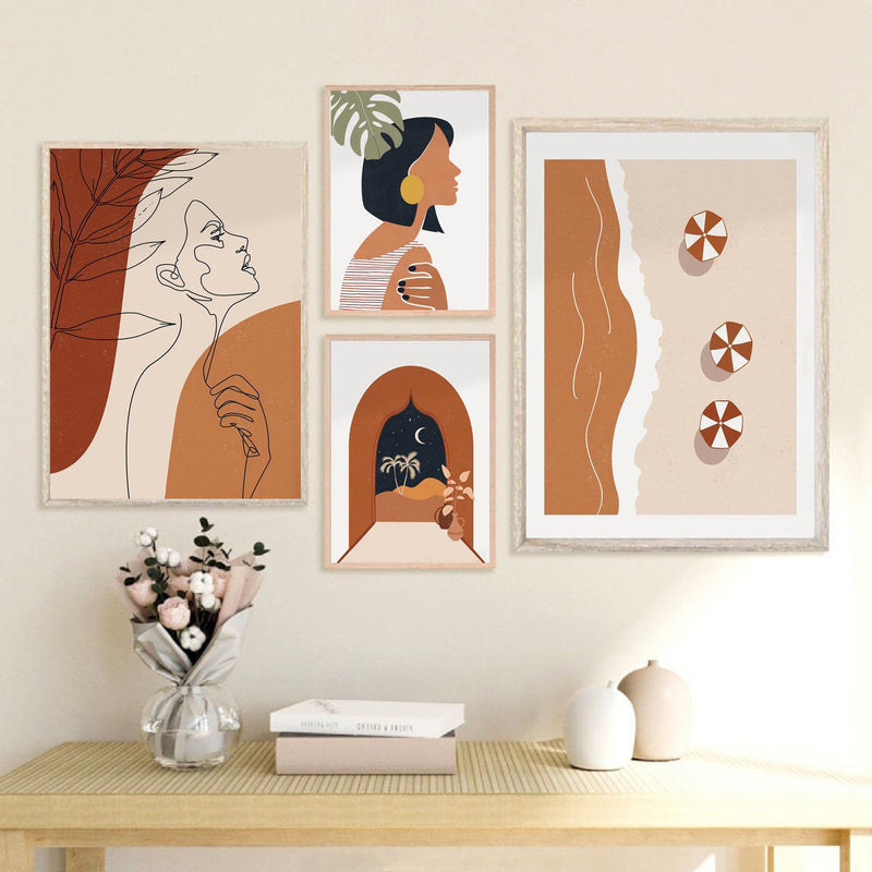 Pintura abstracta de una línea de cara de mujer, arte de pared de terracota naranja quemado, impresión en lienzo, cuadro bohemio de mediados de siglo, decoración para sala de estar