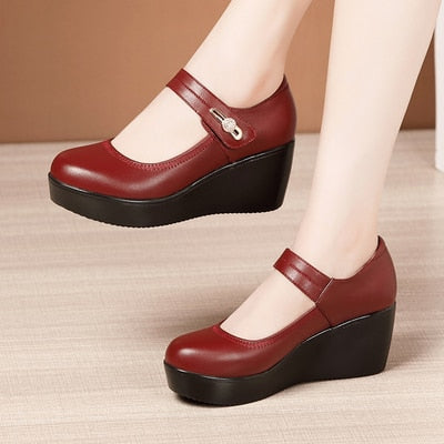 GKTINOO 2022 Spring Leather Shoes Women Platform Wedges Shoe High Heels Round Toe Comfortable Black Women Pumps Large Size 33-43