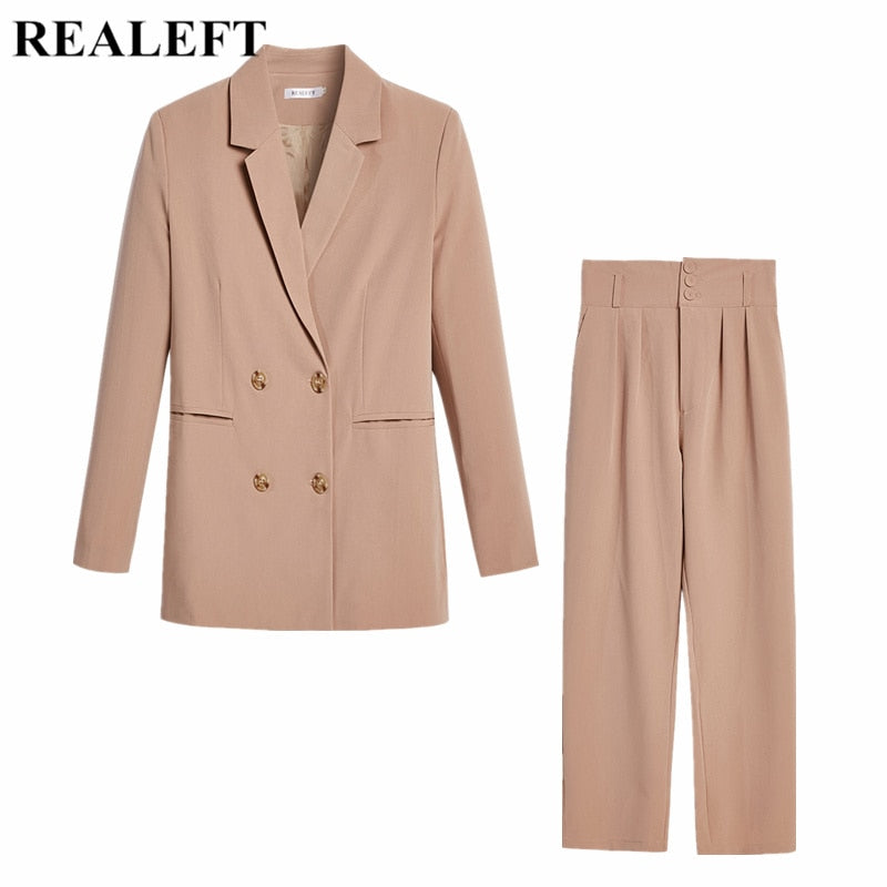 REALEFT 2021 New Autumn Winter Women's Pant Suit Double Breasted Notched Blazer Jacket & Pant Office Wear Women Suit Female Sets