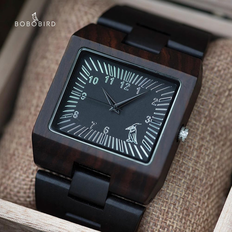 BOBO BIRD Timepieces Bamboo Wooden Men Watches Top Luxury Brand Rectangle Design Wood Band Watch for men