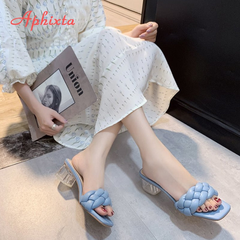 Aphixta 5cm Square Heels Slides Women Rope Lattice Peep Toe Women Outside Sippers Shoes Mujer Elegant Shoes