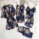 Lace Patchwork 5PCS Sleepwear Nightgown Kimono Bathrobe Gown Satin Lady Nighty&amp;Robe Suit Sexy Home Clothes White Wedding Robe