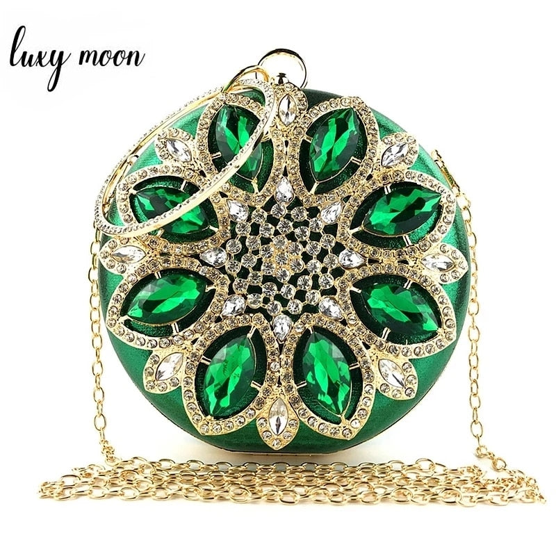 Bolso de mano verde para mujer, bolso de mano redondo, bolso de noche, bolso de boda de cristal y bolso de mano, bolso de hombro con cadena exquisita ZD1244