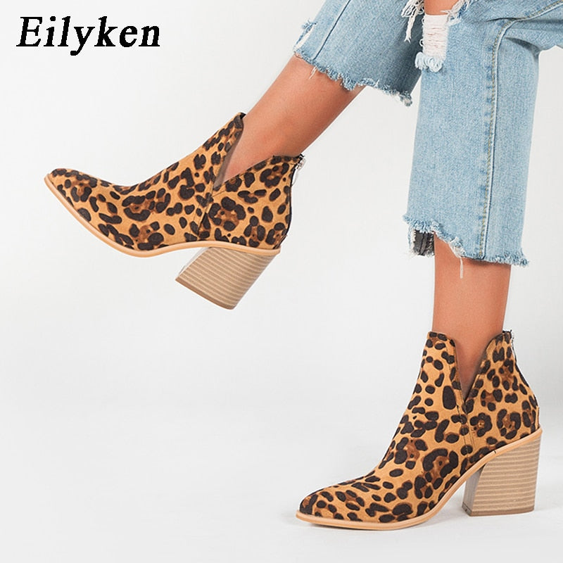 EilyKen Women Early Winter Ankle Boots Leopard Female Zipper Casual Black Cowboy Square Heel Booties Shoes Zapatos De Mujer