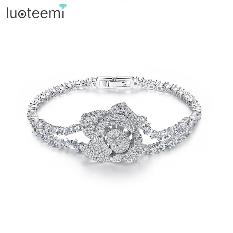 LUOTEEMI Luxury Big Rose Flower 17/19CM Bracelet for Women Ladies Shining AAA Cubic Zircon Fashion Crystal Jewelry Gift Bangles