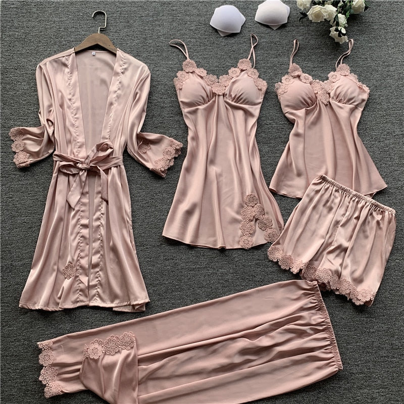 Stain Lace Women Pajama Set 5 Pieces Set Pajamas V Lead With Chest Pad Spaghetti Strap Set Pijama
