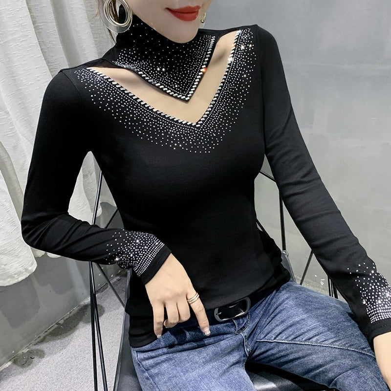 New 2022 Spring Autumn Long Sleeve T-Shirt Fashion Casual Turtleneck Diamond Woman Tshirts Elegant Slim Women's Tops Blusas