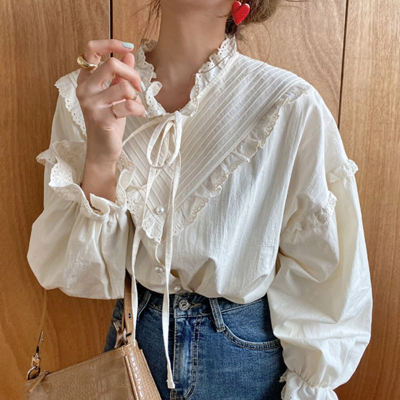 Vintage Casual Elegant Tops 2022 New Women Hollow Out Women Shirts Solid Long Sleeve Korean Style Bow Loose Blouses Blusas 9580