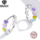 BISAER Rainbow Heart Hoop Earrings Real 925 Sterling Silver Colorful Enamel Round Earrings For Women Wedding Jewelry ECE909