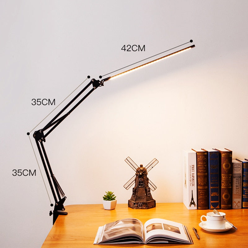 New LED Folding Metal Desk Lamp Clip on Light Clamp Long Arm Dimming Table Lamp 3 Colors For Living Room Reading Office Computer