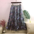 New Autumn Women Mesh Skirt Dragonfly Sequin Embroidery Long Skirt Ladies Casual Voile Appliques Skirt Mid-calf Swing Skirts