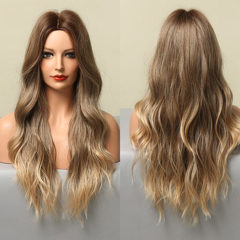 Long Synthetic Brown Blonde Water Wavy Gloden Highlight Wigs Middle Part Heat Resistant Cosplay Natural Hair for Black Women