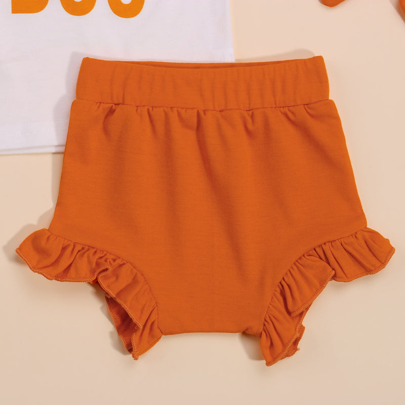 2021-06-04 Lioraitiin 0-3Years Toddler Baby Girl 3Pcs Halloween Outfits Short Sleeve Letter Print Tops Ruffle Shorts Headband