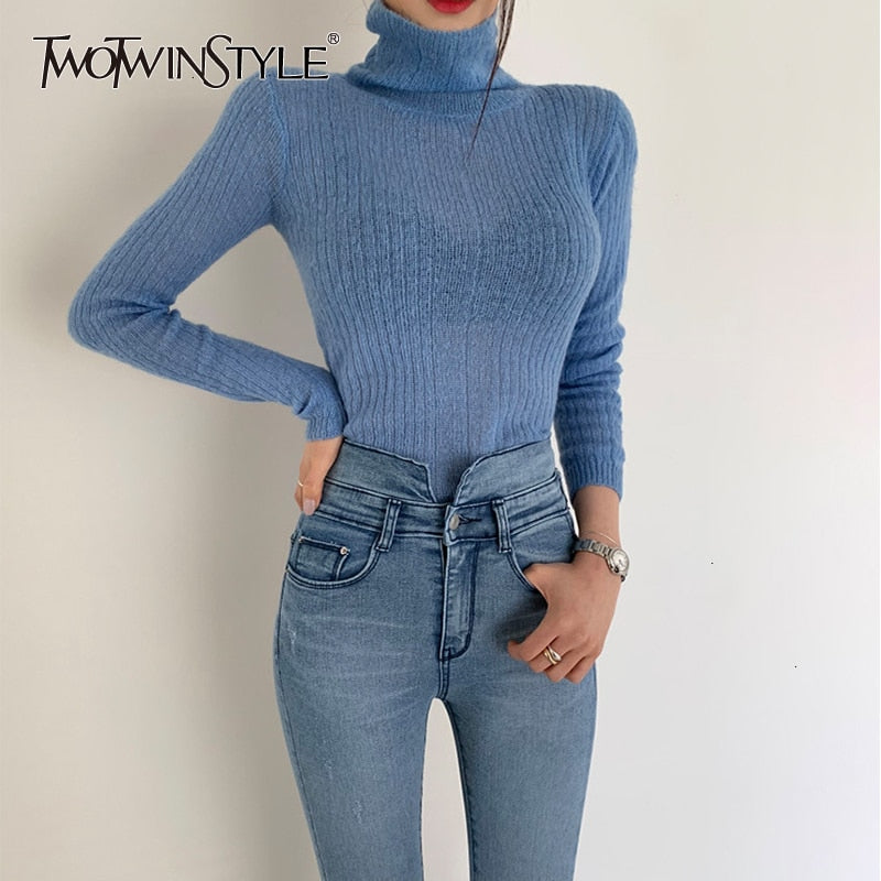 TWOTWINSTYLE White Korean Knitted Sweater For Women Turtleneck Long Sleeve Autumn Slim Pullover Female Clothing Fashion New 2020