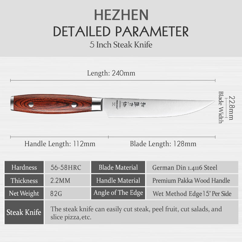 HEZHEN 5 Inches Steak Knife Cut Slice Meat Stainless Steel Rivet Sharp Pakka Wood Handle German DIN1.4116 Steel Kitchen Tool