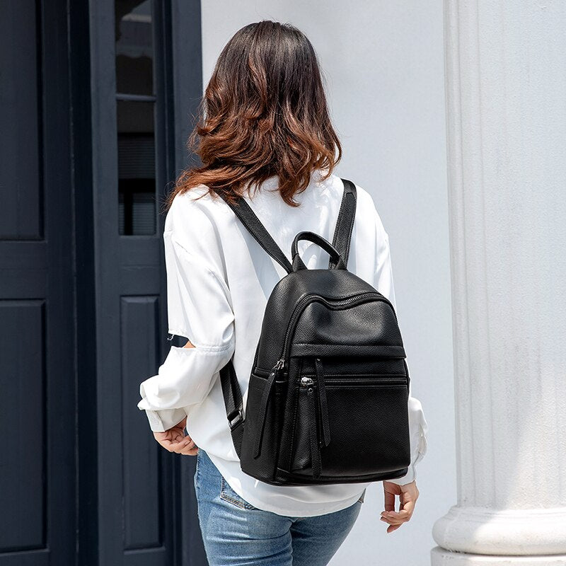 ZENCY Soft 100% Genuine Cow Leather Black Pure White Women's Backpacks Lady Girl First Layer Cowhide Female School Book Backpack