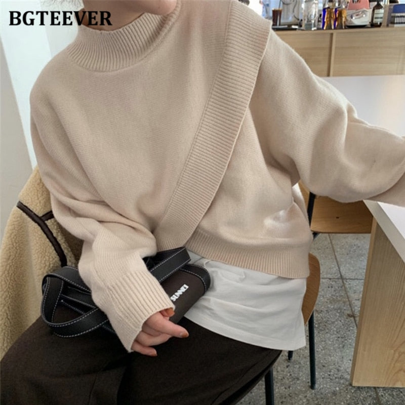BGTEEVER Fashion Half-turtleneck Women Sweater Jumpers 2020 Autumn Winter Knitwear Cross Split Loose Female Knitted Pullovers