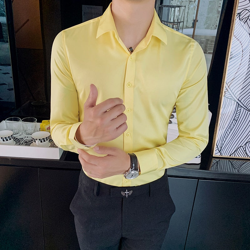40kg-75kg Small Asian Size Fashion New Mens Shirt Korea Styles Long Sleeve Slim Fit Yellow Green White Casual Social Shirts