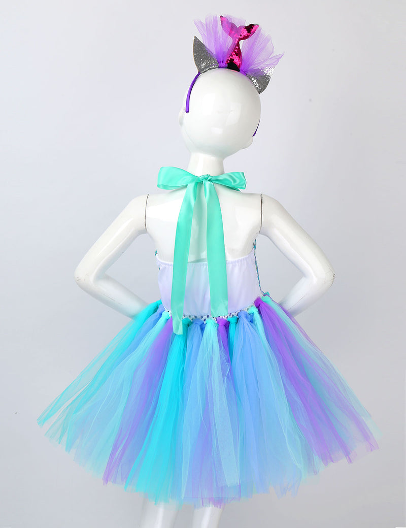 Kinder Mädchen Meerjungfrau Kostüm Outfit Neckholder Fischschuppen Bedrucktes Mesh Tutu Kleid mit Haarreif für Halloween Karneval Cosplay