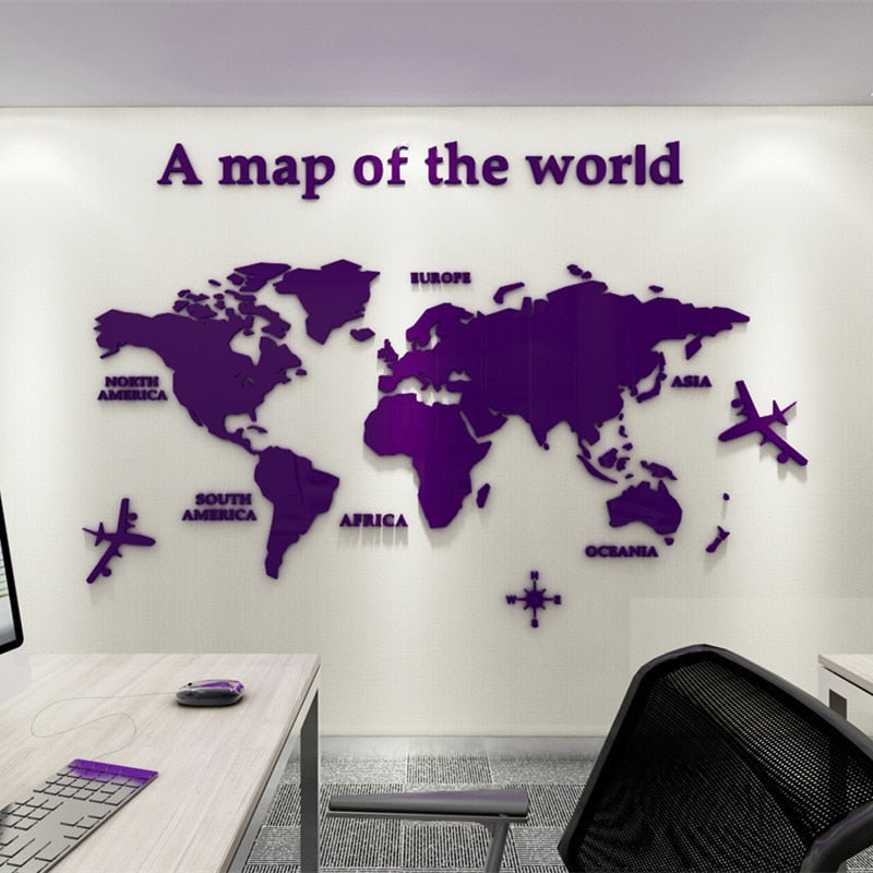 European Type World Map 3D Acrylic Wall Stickers Crystal Mirror Stickers for Office Sofa TV Background Wall Decorative Stickers