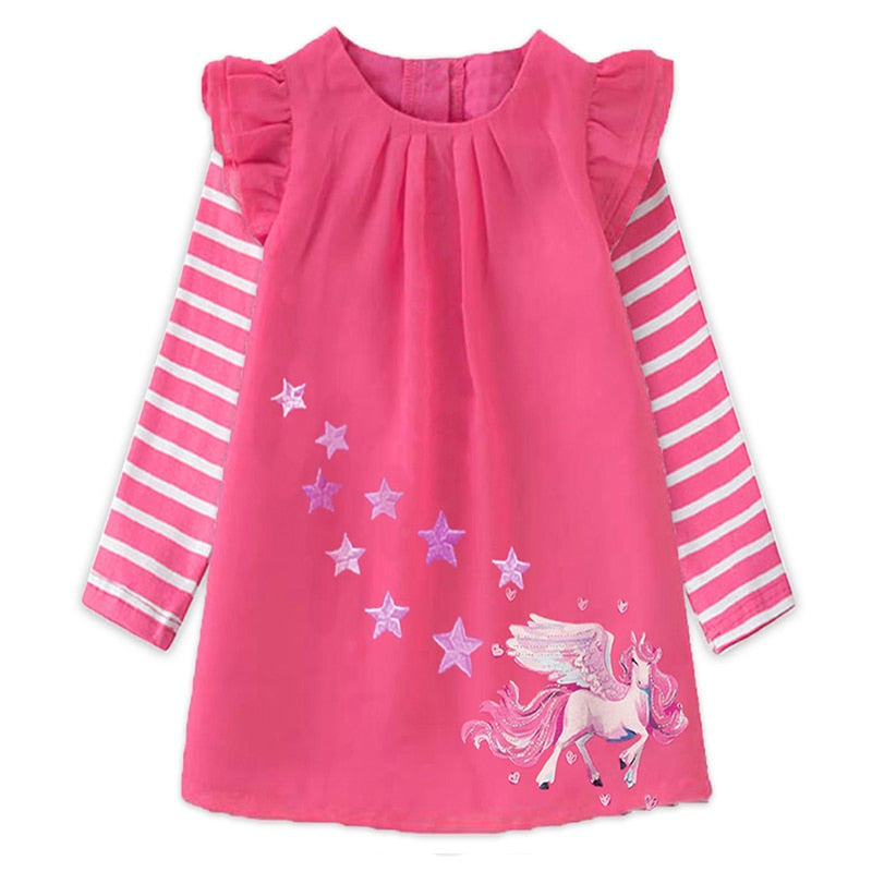 VIKITA Mädchen Gestreiftes Kleid Kinder Einhorn Kleider für Mädchen Kleidung Kleinkinder Lässiges Baumwollkleid Kinder Herbst Langarm Vestidos