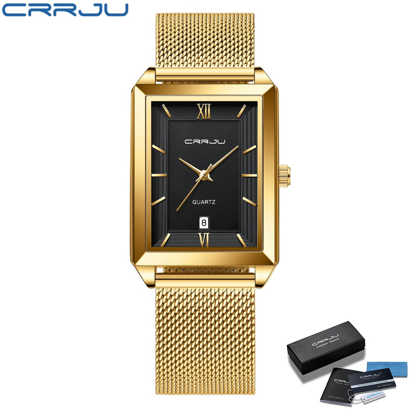 CRRJU Uhr Herren Top-Marke Luxus Square Golden Quarz Edelstahl Wasserdicht Armbanduhr Relogio Masculino