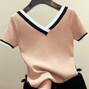 V-Neck Short Sleeve Shirt Women Contrast Color Striped Knitted 2023 Summer Tops Shirt Korean Clothes Femme Camisetas Mujer 13362