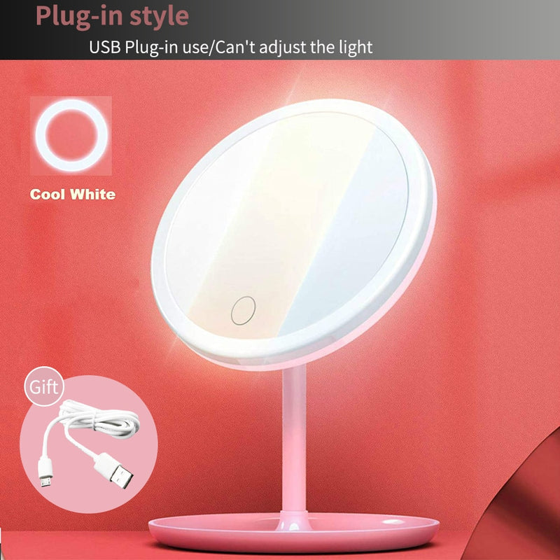 LED Makeup Mirror With Light Lamp With Storage Desktop Rotating Cosmetic Mirror Light Adjustable Dimming USB  Vanity Mirror