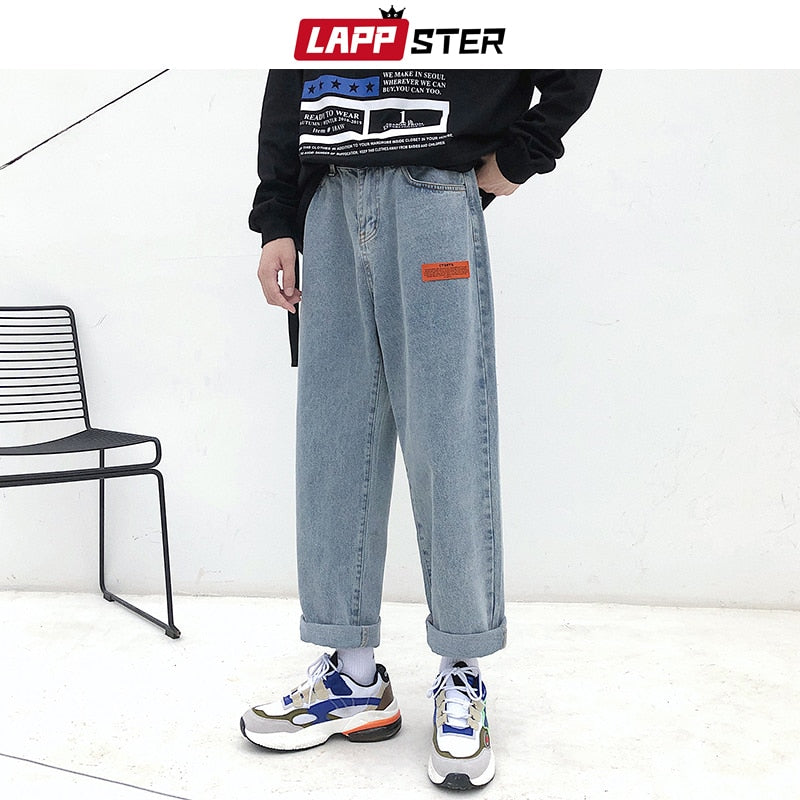 LAPPSTER Herren Korean Fashoins Harem Blue Jeans Hose 2022 Vintage Straight Pants Harajuku Jeans Baggy Free Belt Wide Leg Denim
