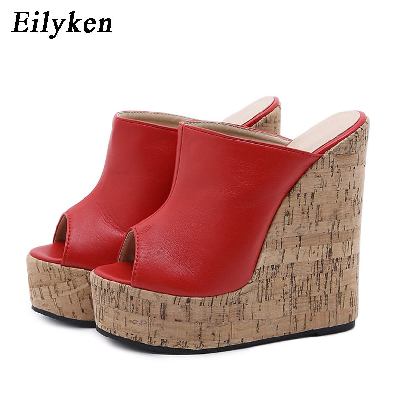 Eilyken Summer Outdoor Fashion Peep Toe Platform Slippers High Quality PU Leather Sandals Women Wedges Heels Ladies Shoes